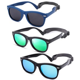 Polarized Baby Sunglasses with Strap - Unbreakable Flexible Infant Sunglasses for Toddlers Age 0-24 Months (Blue/Gray + Black/Green + Black/Blue) - 3 Pack