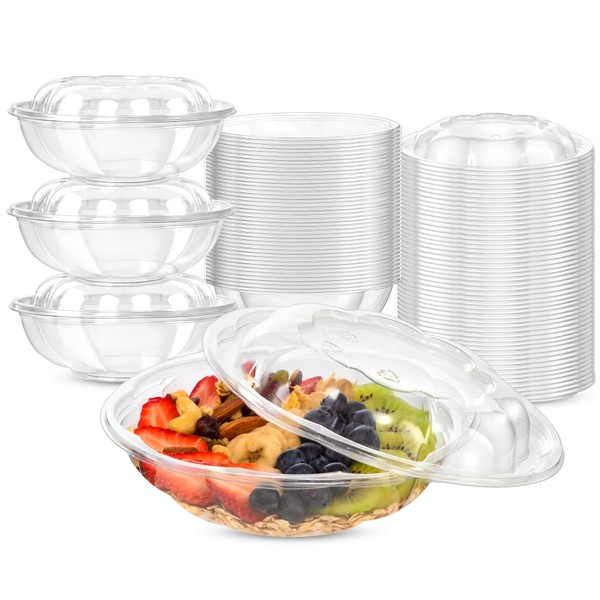 Fit Meal Prep 150 Pack 24 oz Clear Plastic Salad Bowls with Airtight Lids, Disposable To Go Salad Containers for Lunch, Meal, Party, BPA Free Clear Bowl for Acai, Green Salad, Fruits, Nuts