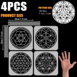 FINGERINSPIRE 4 Pcs Geometric Flowers Painting Stencils 7.9x7.9 PET Flower of Life Spraying Stencils Reusable Crystal Grid Art Wall Stencil Religious Themes Templates for DIY Scrapbook Photo Album