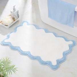 DyeFury Luxury Cute Bathroom Rugs, White Bath Mat W/Blue Scalloped Edge, Microfiber Aesthetic Trendy Funky Fun Preppy Rug, Extra Soft Bathroom Mat Non-Slip for Tub, Shower, and Bath Room 30'' x 20''