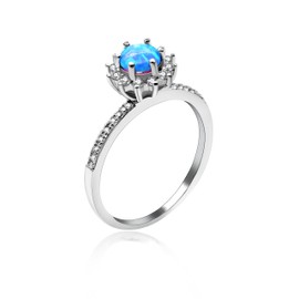 Uloveido Simulated Blue Fire Opal Crown Ring 925 Sterling Silver Wedding Engagement Promise Ring for Women 1.92g (Size S) JZ124
