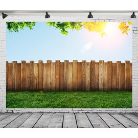 CORFOTO 5x3ft Fabric Spring Backyard Wooden Fence Backdrop Sunshine Green Grassland Tree Leaves Background Natural Spring Meadow Decorations Kids Birthday Party Photoshoot Booth Studio Props