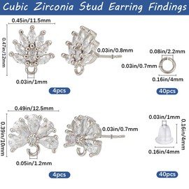 CREATCABIN 8Pcs 2 Styles Brass Cubic Zirconia Flower Stud Earring Findings Ear Stud Earrings Earring Posts Platinum Plated with Loops Open Jump Rings Ear Nuts for DIY Earring Jewelry Making Supplies