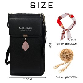 TIMJJG 1 Cell Phone Shoulder Bag with 1 Metal Chain and 1 Silk Scarf Zipper Purse Storage Crossbody Bag Suitable for Cell Phone, Bank Card, Change (Black), black