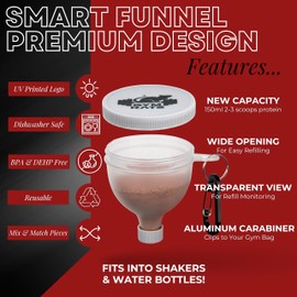 Travel Protein Powder Funnel to Go with Carabiners & Reinforced Caps - 4 Pack (Water Bottle Approve)