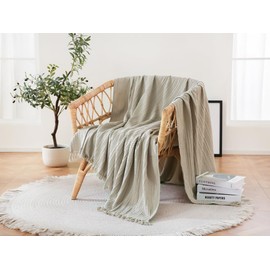 Coastline 100% Cotton Waffle Weave Blanket Throw with Fringe,Pre-Washed Soft Cozy,Lightweight Breathable Blanket Throw for Couch Bed Sofa（Natural,150x200cm）