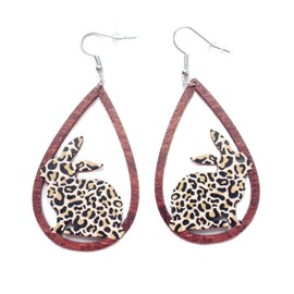 Colorful Easter Rabbit Teardrop Earrings Wooden Dangle Earrings Flower Rainbow Cute Rabbits Drop Earrings for Women Jewelry-Leopard