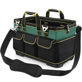 Heavy Duty Hard Bottom Tool Bag, 1680D Electrician Tool Bags for Men, 17 Inch Waterproof Tool Bag, Wide Mouth Tool Tote Bag with 15 Pockets, Craftsman Open Top Tool Bag, Technician Tool Bag