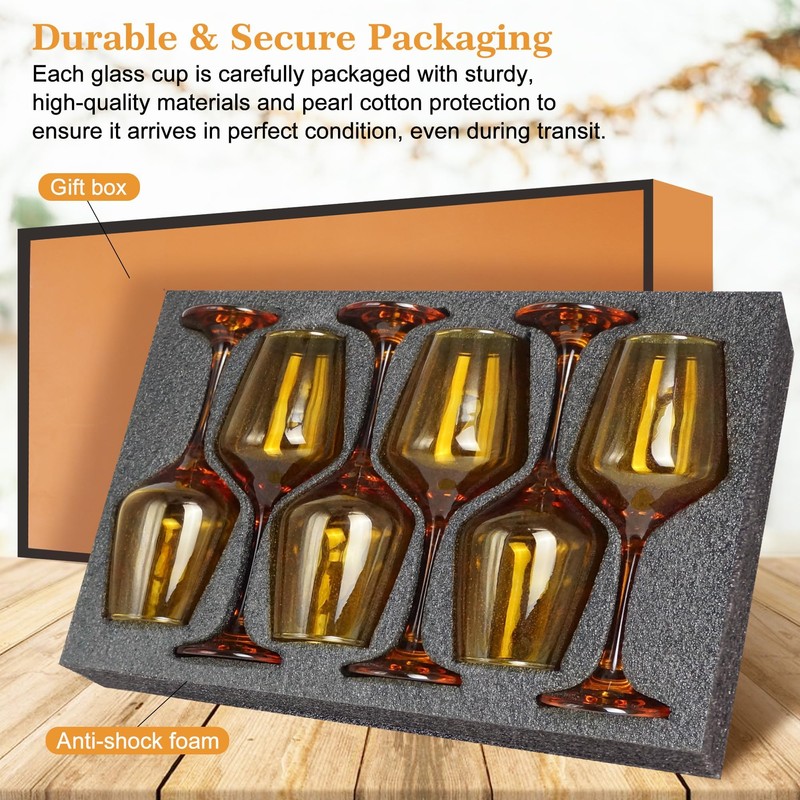 GLAZVIA Amber Wine Glasses Set of 6, 14oz Stemmed Glasses,