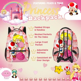 Brainy Princess Backpack 16" Cute Pink Pretty Girls Women Peach Daisy Rosalina Cartoon (Peach)