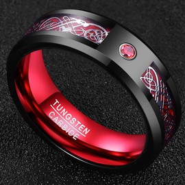 NUNCAD Tungsten Wedding Ring Celtic Dragon Red Carbide Fiber Black Beveled Edges Size 7