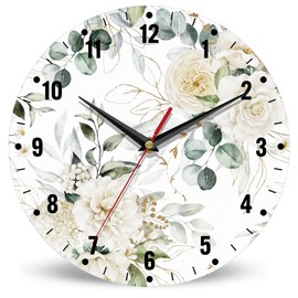 SPUNKER Wall Clock,White Flowers 10 Inch Wall Clock,Rose Peony Leaves Small Battery Operated Wall Clocks Decorative for Kitchen/Living Room/Bedroom/Bathroom/Dining Room