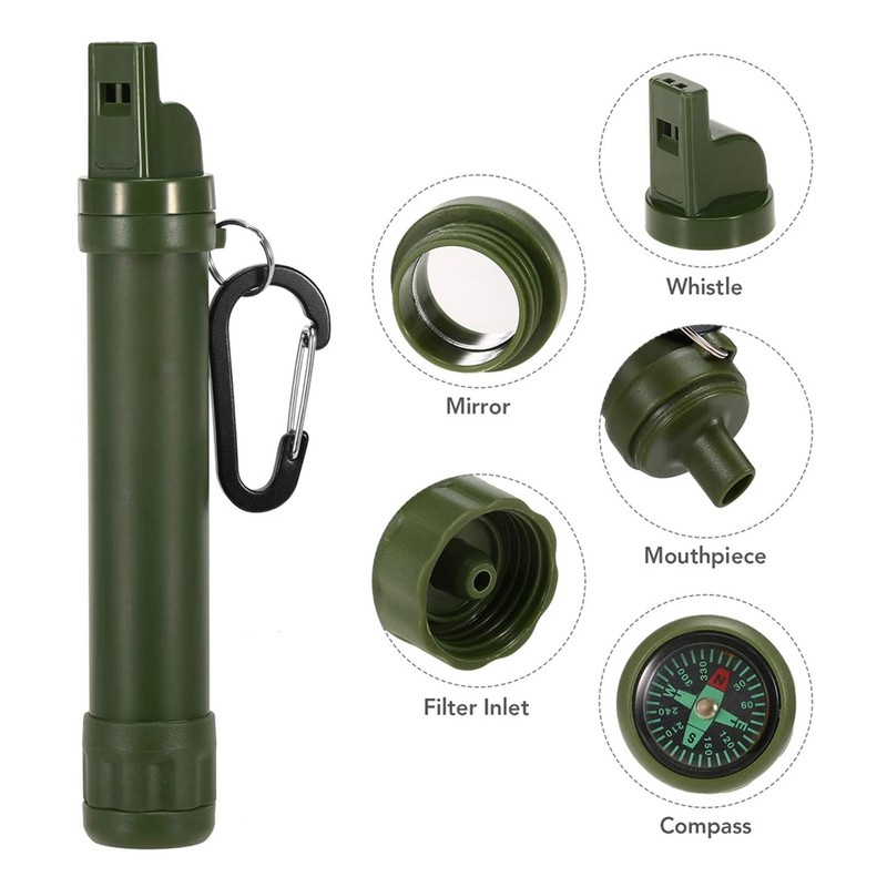 Outdoor Water Filter Straw Water Purifier with Compass Whistle Carabiner