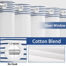 Awellife No Hook Shower Curtain with Snap in Liner Set Cotton and Linen Blend Shower Curtain for Bathroom Boho Navy Striped (No Hook-Navy, 81" L x 72" W)