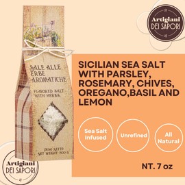 ARTIGIANI DEI SAPORI - Sicilian All-Natural Unrefined Flavored Sea Salt with Aromatic Herbs, Parsley, Rosemary, Chives, Oregano, Basil and Lemon, 7 oz