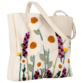 Miss Adola Aesthetic Embroidery Tote Bag for Women - Reusable Canvas Cloth Shoulder Bag with Cute 3d Wild Flowers Embroidered Designer Shopping Bag for Grocery, Work, Book, Vacation