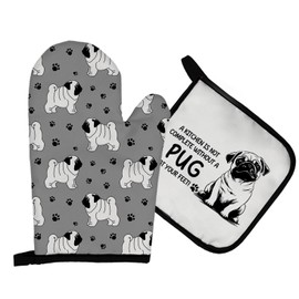 Mingnei Pug Dog Oven Mitts and Pot Holders Sets, Pug Gifts for Pug Lovers, A Kitchen is not Complete Without a Pug Dog Heat Resistant Potholder Kitchen Decor for Cooking Baking BBQ Grilling