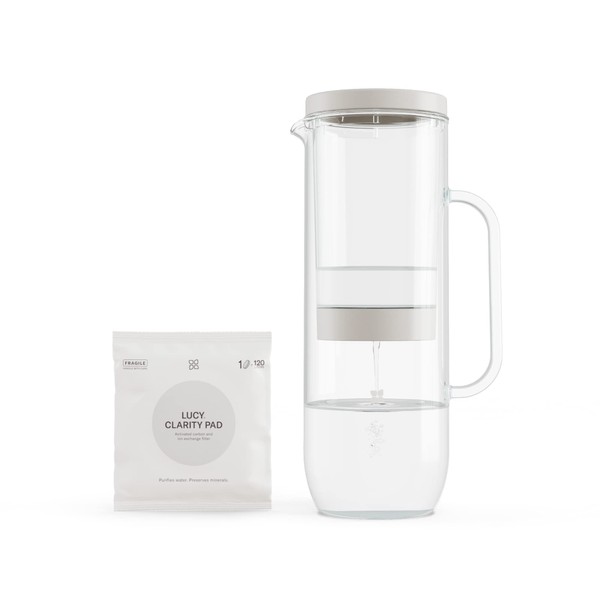 LUCY® water filter jug 2L with clarity pad filter cartridge | fridge door water filter jug - dishwasher safe and borosilicate glass | removes pollutants+ keeps healthy minerals magnesium and calcium
