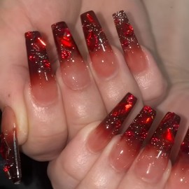 Rchovsam xl Red Nails Press Ons Long Coffin Press on Nails Summer Red Full Diamond Design False Nails Full Cover Acrylic Fake Nails Gift for Women 24pcs