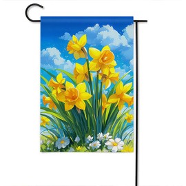 Gkyygk Yellow Daffodils White Daisies Flowers Blue Sky Welcome Garden Flag 12x18 Inch Double Sided Small Burlap Banners Yard House Seasonal Farmhouse Home Decor for Men Women