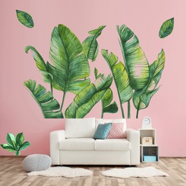 Green Plant Wall Stickers, Tropical Rainforest Monstera Leaf Decal Natural Palm Leaves Nordic Green Leaf Plants Banana Leaf Bird Wall Mural Bedroom Living Room Office Decoration Wallpaper (ks6746)