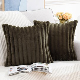 Madizz Set of 2 Faux Fur Plush Decorative Cushion Covers, Fluffy, Striped, Soft, Decorative Cushion Cover for Sofa, Bedroom, Cushion, Dark Brown, 50 x 50 cm