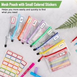 AOBOPLE 36pcs Mesh Zipper Pouch,4.9x6.3 inch Waterproof Zipper Bags with Colored Stickers 9 Colors Plastic Zipper Pouches Small Organizing Bags for Travel Storage and Office Supplies