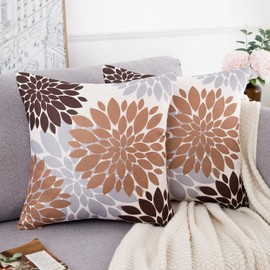 Set of 2 Cushion Covers, 45 x 45 cm, Modern Abstract Dahlia Pattern, Decorative Cushion, Sofa Cushion, Couch Cushion, Flower Cushion Covers for Living Room, Bedroom, Sofa Chair, Brown Grey