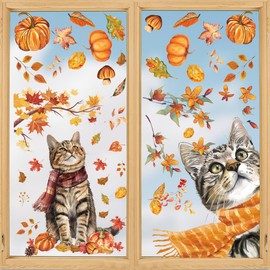 Horaldaily 56 PCS Large Size Fall Window Cling Sticker, Thanksgiving Autumn Harvest Cats Pumpkin Leaves for Home Party Supplies Shop Window Glass Display Decoration
