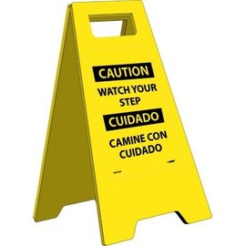 NMC HDFS208 Bilingual Heavy Duty Floor Stand Sign, Legend "CAUTION WATCH YOUR STEP", 10-3/4" Length x 24-5/8" Height, Black on Yellow