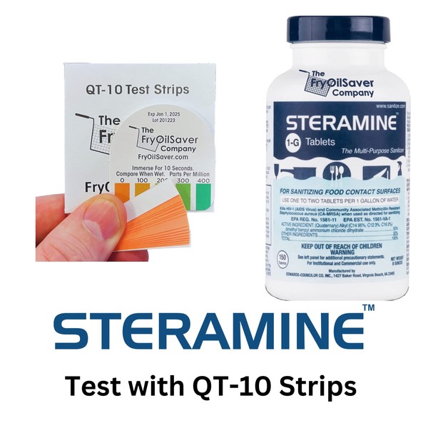 FryOilSaver Co. Sanitizing Kit, Steramine Sanitizing Tablets and QT-10 Test Strips. 1G-QT-10, 600 Tablets, (Pack of 4 Bottles and 30 Test Strips)