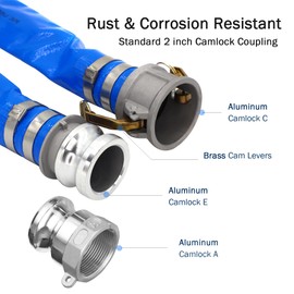 D-WEIXIN 2" ID x 50 ft PVC Lay Flat Discharge Hose with Aluminum Camlock C and E Fittings, Cam Lock Fitting Type A included, Heavy Duty Reinforced Blue Backwash Pump Hoses for Swimming Drain Pools