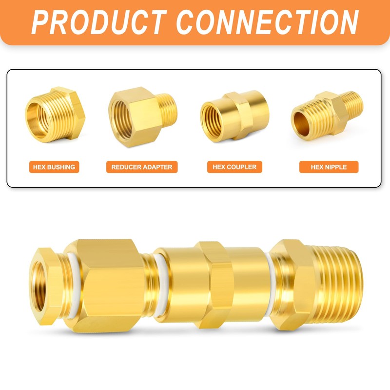 GASHER 6PCS Brass Pipe Fitting, Hex Bushing, Reducer Adapter, Reducing