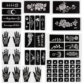 Qullue Henna Tattoo Stencil Kit, Self-Adhesive Hand Mold, Flowers & Other Motifs, Suitable for Women, Girls & Teenagers, DIY Body Art