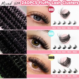 MOTIBACK 240 Piece Fluffy Cluster Lashes Kit – 60D/80D/100D Natural Wispy Lash Clusters, Cat Eye Extensions for DIY Makeup