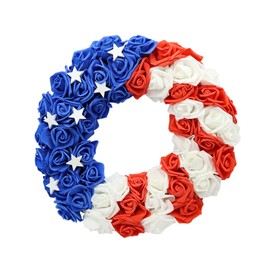 DEVONWIDE 4th of July Wreath with Handmade Wooden Stars - 18 Inch Patriotic Front Door Wreath, Red White Blue American Flag Decor for Porch, Indoor Outdoor Memorial Day Independence Day