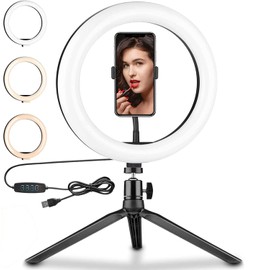 Boobaaa Ring Light, 10-inch, Desktop, Tripod Stand, Smartphone Clip, 3 Color Modes, 10-Level Dimmer, 3000-6500K Auxiliary Light, Lighting and Shooting Light Set, 360-Degree Rotation, High Brightness