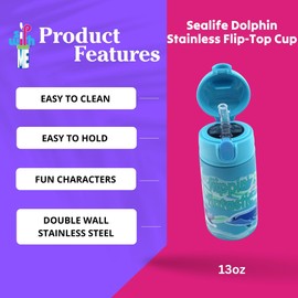 SRM Entertainment Stainless Steel Water Bottle with Straw Lid, Tumbler with Straw Spout and Flip Top Spill-Safe Lid, Travel Cup for Water, Milk, Juice, 13 oz (Sealife Dolphin)