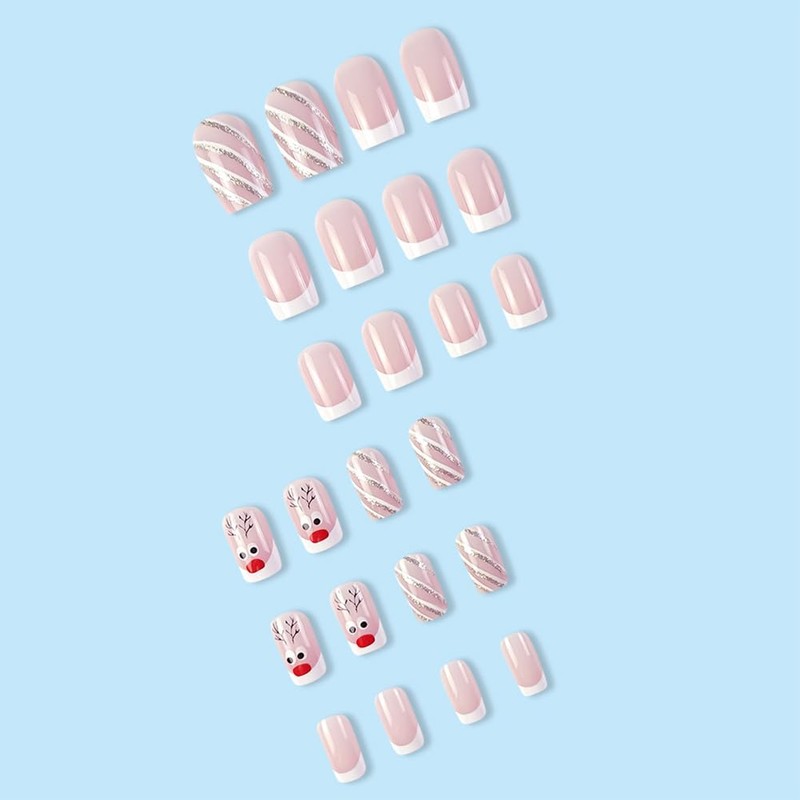 Clataly 24 Pcs Christmas Elk False Nails Snowflake Fake Nails