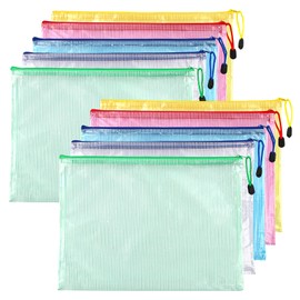 Document Bag with Zip A5, Pack of 10 Waterproof Document Case, Mesh Plastic Zip Bag, Zip Bag for File, Paper, Receipts, Cosmetics