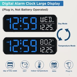 Peakeep Large Display Digital Alarm Clock for Bedrooms, Date Day of Week Temp Desk Table Clocks for Living Room Office, Dimmable Plug in Electric Clock, 5 Volumes, Loud, Auto DST
