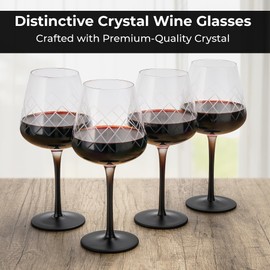 MIAMIO Premium Crystal Wine Glasses, Set of 4 with Black Long Stem Crystaluna Collection (Red Wine)