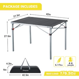 KingCamp KC3866_SILVERBLACK-USVC3 Portable Stable Table for Outdoor Picnic, Camping, Barbecue and Backyard Party, Person, 42.1 × 27.6 × 27.6 inches, Silver/Black_42.1"x27.6",4-6 Persom