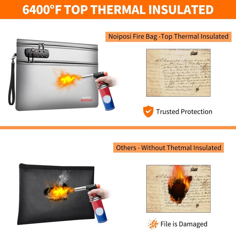 Noiposi 6400℉ Fireproof Document Bag with Lock,Dual-Zip Compartments Fireproof Money