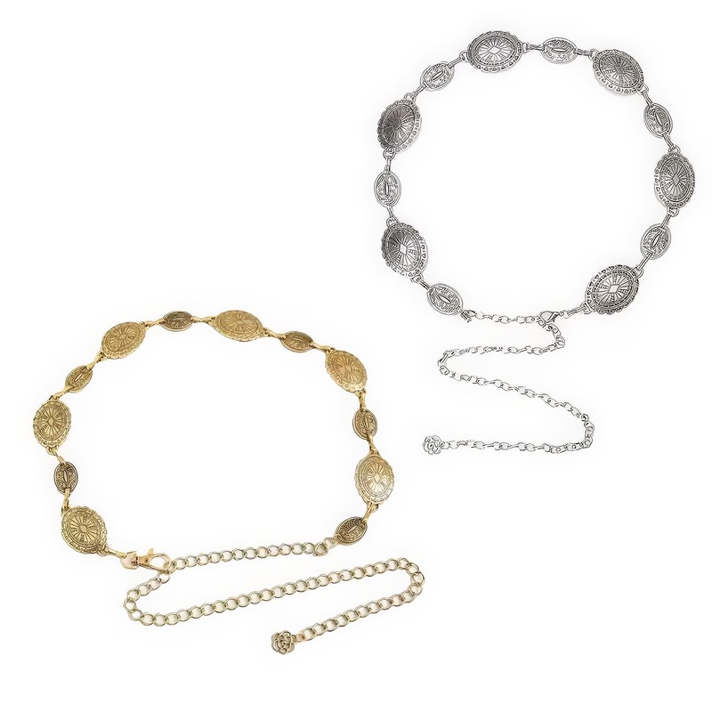 Vintage Oval Carved Metal Waist Chain for Women – Retro