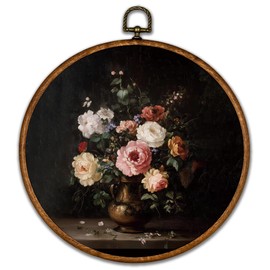 BCUANGD Vintage Flower Round Wall Art Decor - Neutral Mid Century Modern Wall Art Canvas Frame Artwork Prints, Retro Boho Botanical Floral Round Hanging Decorations for Bedroom Home, 10"x10"