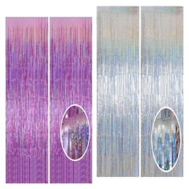 Fringe Foil Curtains Tinsel Party Backdrop Streamers | 4-Pc Pink & Silver Laser Metallic Birthday Decoration Set for Anniversary, Wedding, New Year, Graduation, Celebrations | Party TIME!