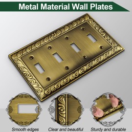 Antique Brass Decorative Wall Plate Light Switch Cover Decorator Outlet Covers Rocker Switch Plates Metal Material Wall Plates for Kitchen Bathroom (4 Gang Quad Toggle-2 Pack)