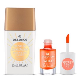 essence - Pack 2 en 1: Gotas Bronceadoras DROP OF Sunshine 25 ml + Tinte para Labios y Mejillas WHAT A TINT! 4.9 ml, Maquillaje Natural, Hidratación y Larga Duración (Peachy Vibes)