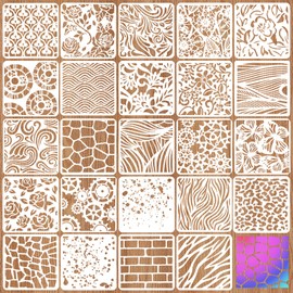 MWOOT 24 Pcs Mixed Texture Stencils for Painting, Layering Stencils for Crafts Reusable, Geometric Leopard Flower Patterns Painting Templates for DIY Canvas Arts Scrapbooking Card Making (10×10cm)